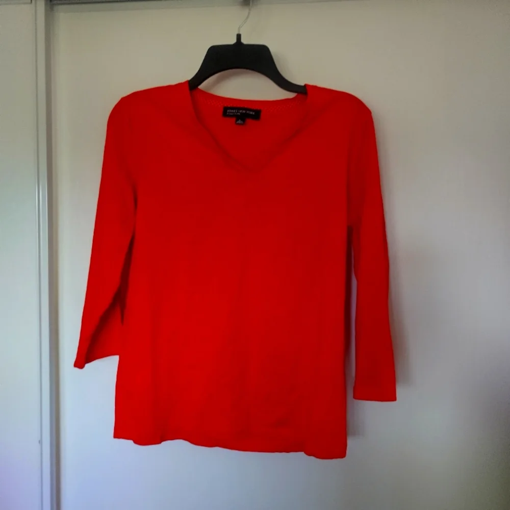 JONES NEW YORK Stretch V Neck Tee in orange with 3/4 sleeves size L - Picture 1 of 3